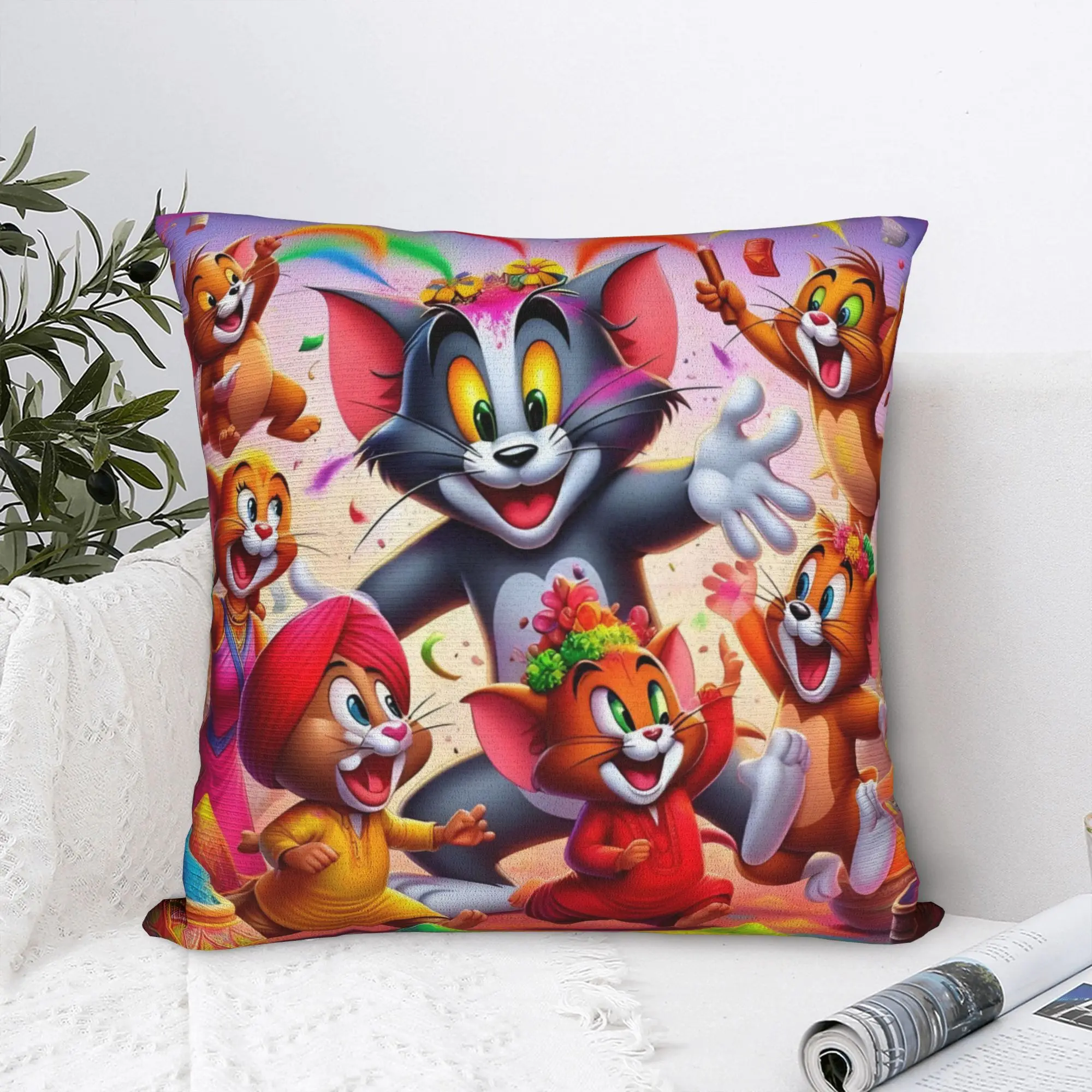 Tom And Jerry Enjoy Holi Kawaii Cushion Cover 45x45cm Cartoon Anime  Soft Modern Pillow Case for Car Sofa