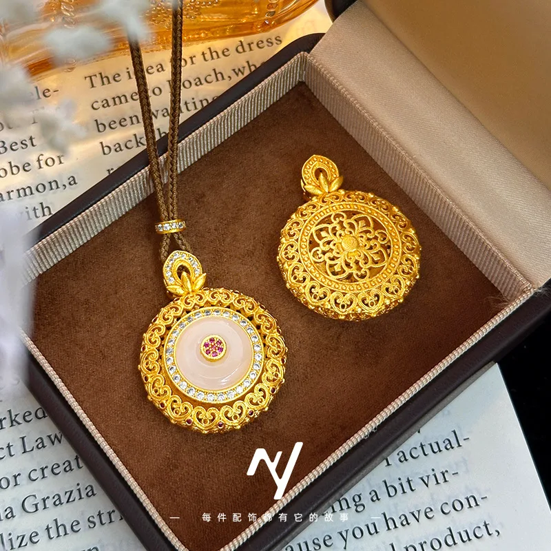 Luxury Women's 9999 24K Real Gold Diamond Rotating White Jade Peace Buckle Eight Treasures Compass Pendant Long Sweater Chain