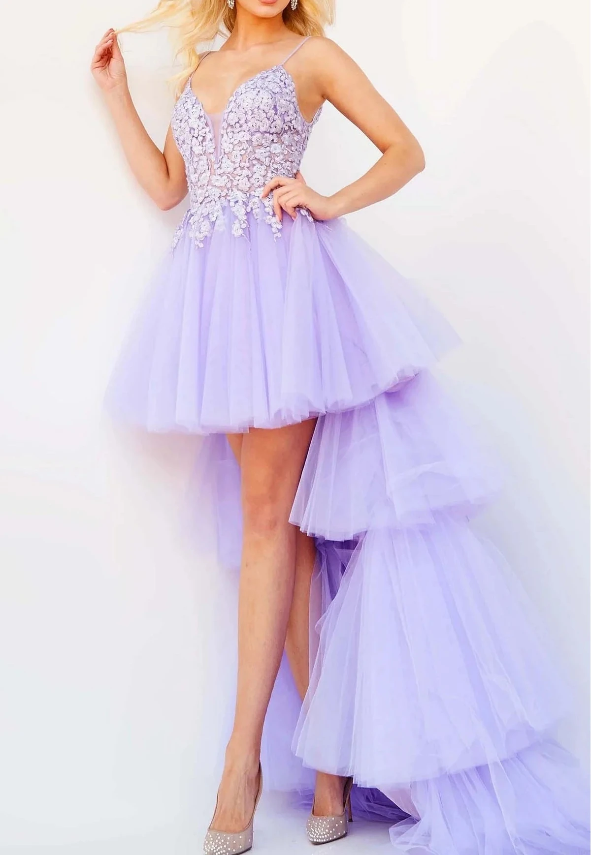 Customized Elegant Purple V‑Neck Spaghetti Strap 3D Floral Lace High‑Low Tulle Prom Dress 2026 New Women Formal Evening Dresses