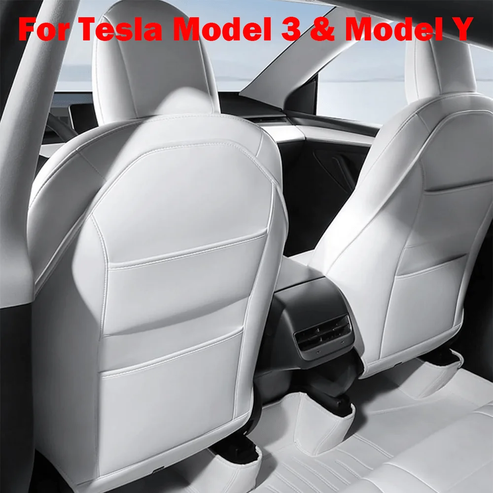 For Tesla Model 3 Highland Model Y Leather Seat Back Seat Cover Kick Protector Mats Dual-Level Extra Organizer 2021-2024