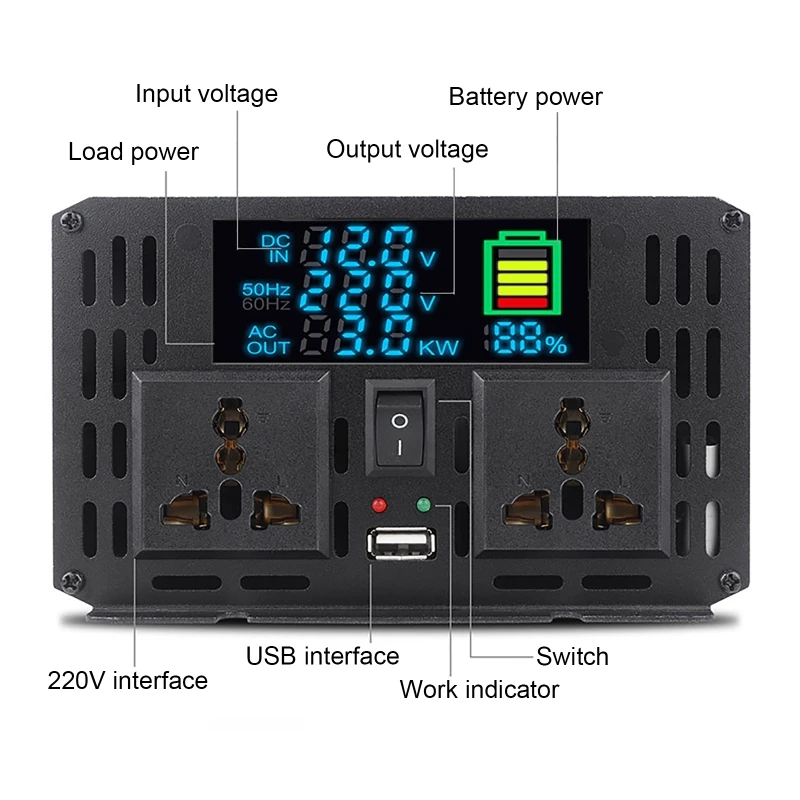 4000W Inverter DC 12V 24V To AC 220V Convertor Transformer Solar Double Socket LCD Display Modified Sine Wave Power Inverter