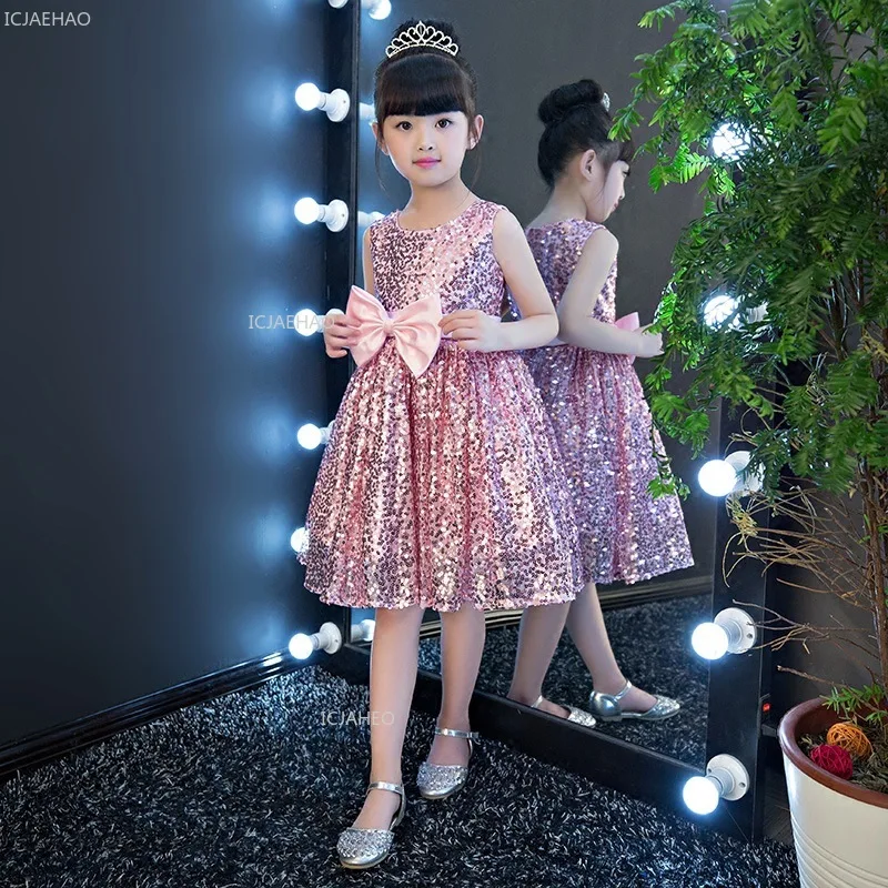 Girls Birthday Party Dress Silver Sequin Flower Girl Children Tutu Princess Gown Wedding Pageant Dance Recital Dresses Costumes