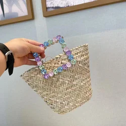 Borsa a secchiello fatta a mano in tessuto di paglia estiva borsa a mano con manico in metallo borsa a mano con strass lucidi in cristallo borsa da spiaggia per le vacanze delle donne