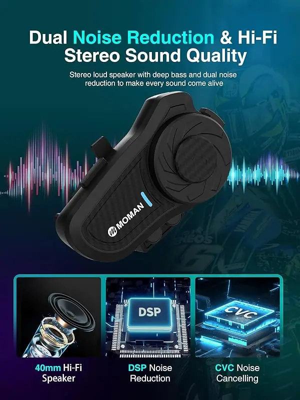 Moman H2 Pro/H2S オートバイ インターコム、カーボン ヘルメット ヘッドセット ワイヤレス通信システム 1000M DSP&CVC ノイズ キャンセリング付き