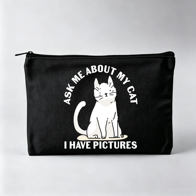 Women's Cat Graphic Makeup Bag with Slogan Print, Casual Cosmetic Pouch for Daily Use