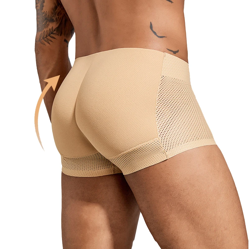 2Pcs Men's Padded Boxer Briefs Butt Lifter Breathable Mesh Hip Enhancer Shaping Underwear Sponge Pads Skin Black