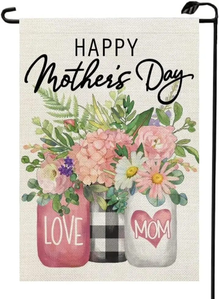 Love Mom Happy Mother’s Day Garden Flag 12x18 Inch Double Sided for Outside Pink Floral Mason Jar Burlap Welcome Yard Party jjp