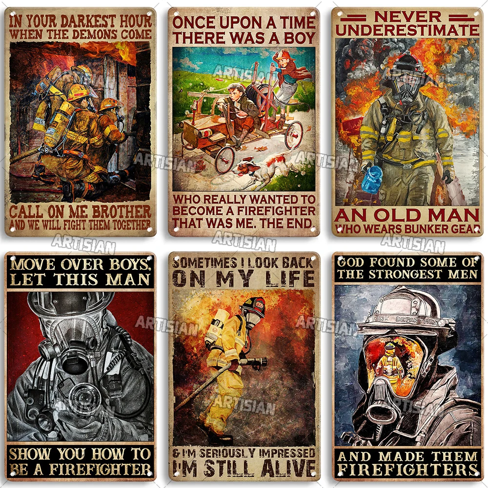 ARTISIAN Rusty Firefighter Decorative Plate Vintage Metal Tin Sign Man Cave Cafe Studio Wall Decor Sign Classic Metal Plaque
