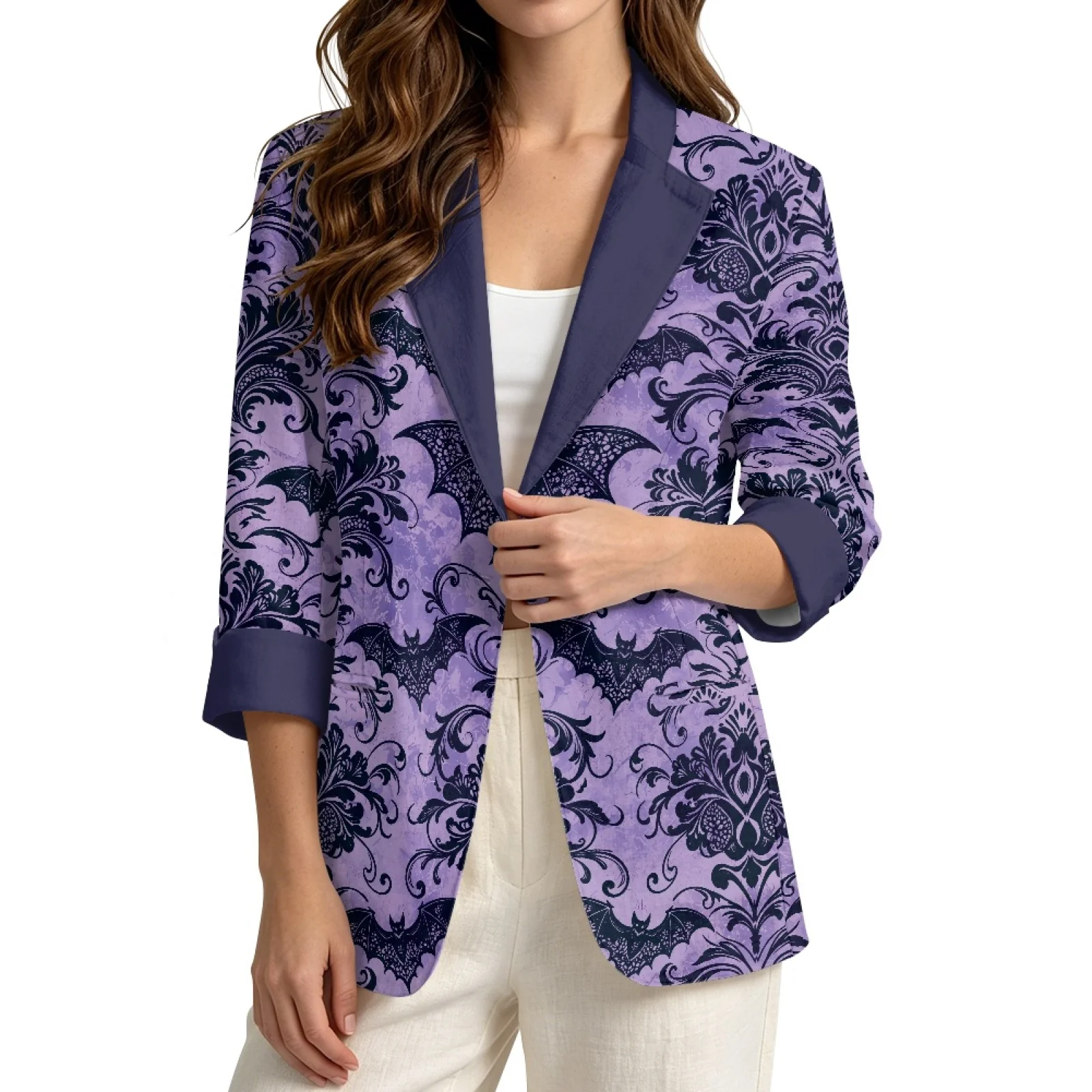 PENSTROLL Halloween Women's Linen Like Blazer with Bat Damask Pattern, Open Front Outerwear for Work and Vacation, Sizes S-3XL
