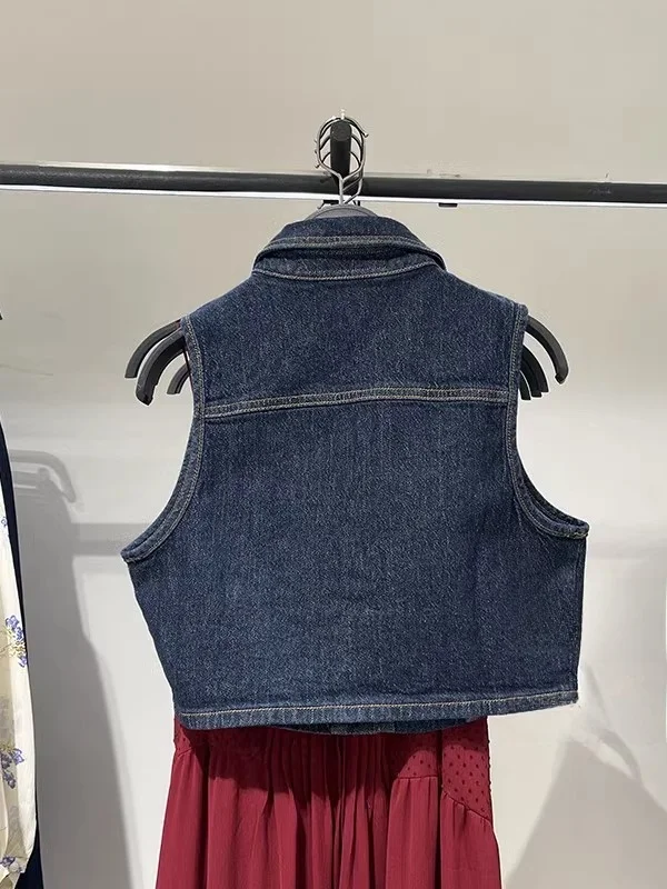 Spring New American Retro Short Sleeveless Collared Denim Vest Women's Street Style Fashion  Length Single Button Closure