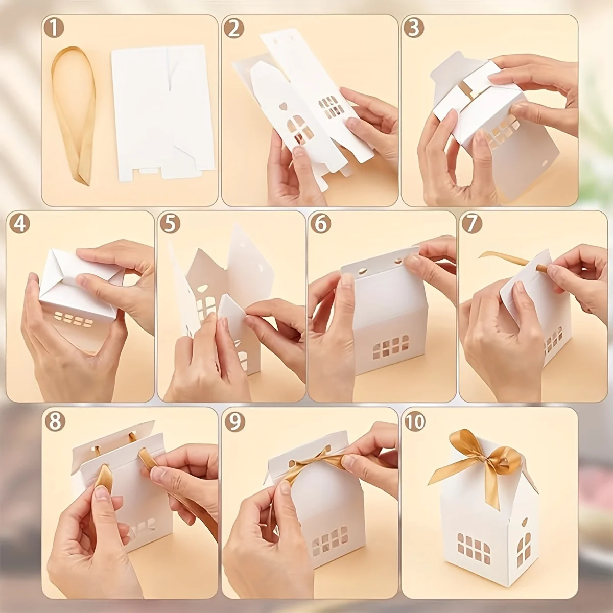 12 Stück hausförmige Geschenkboxen mit Band, 6,99 cm x 4,98 cm x 12,29 cm, weißes und braunes Design, Feiertagsparty-Dekorationen, Süßigkeitenverpackung – Detail 7