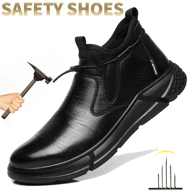 Work Shoes New Black Leather Shoes For Men Indestructible Steel Toe Safety Sneakers Anti Smashing Anti Piercing Male Footwear