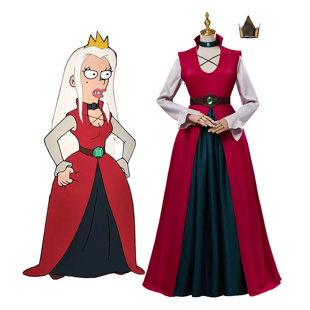 Disenchantment Queen Dagmar Cosplay Traje para Mulheres, Vestido Vermelho, Crown Set, Queen of Maru kingdom Outfit, Halloween Carnaval Vestuário