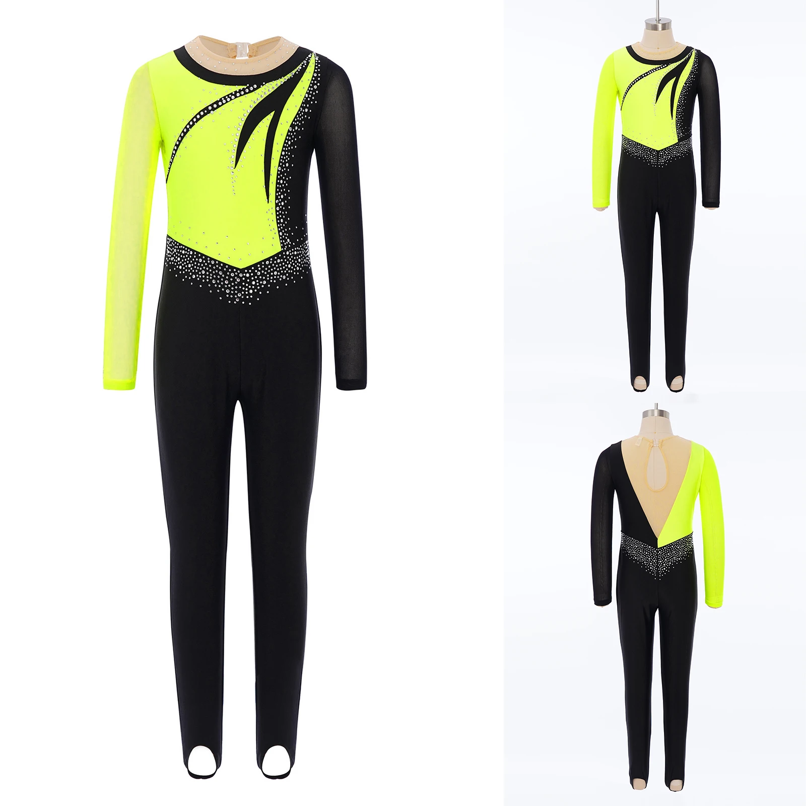 Kids Girls Gymnastics Acrobatics Performance Jumpsuits Costume Long Sleeve Rhinestones Stretchy Ballet Skating Dance Jumpsuit