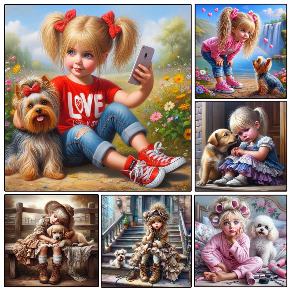 

New 2024 Cross Stitch Girl and Dog 5D DIY Diamond Painting Mosaic Rhinestone Embroidery Kit Home Wall Decor Gift