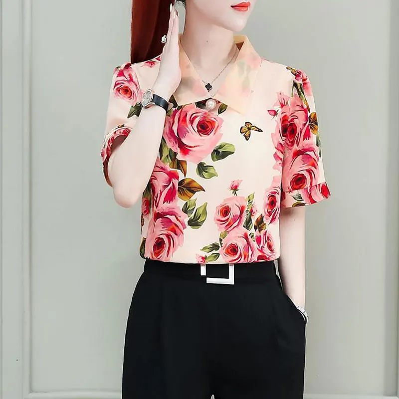 Office Lady Sweet Peter Pan Collar Blouse Summer New Loose Fashion Floral Printed Female Chic Three-dimensional Decoration Shirt