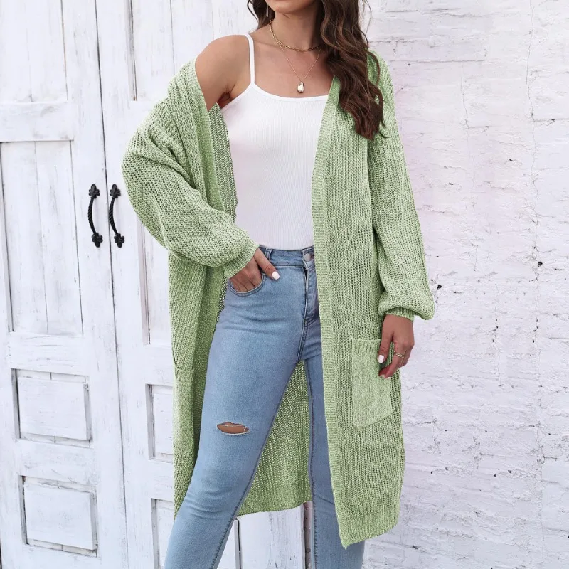 

Casual Loose Long Knitted Sweater Cardigan Autumn/Winter Women' Cardigan 2023 new pocket V-neck Solid Full lantern sleeve jacket