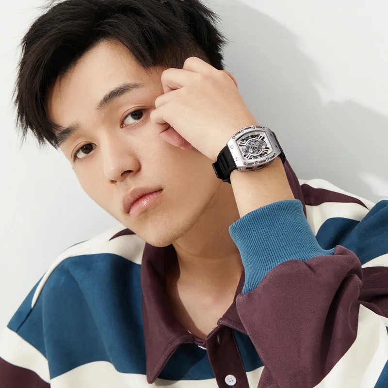 

Часы Art sense с винной бочкой, легкие роскошные высококачественные мужские часы, крутой серебряный и черный силиконовый ремешок