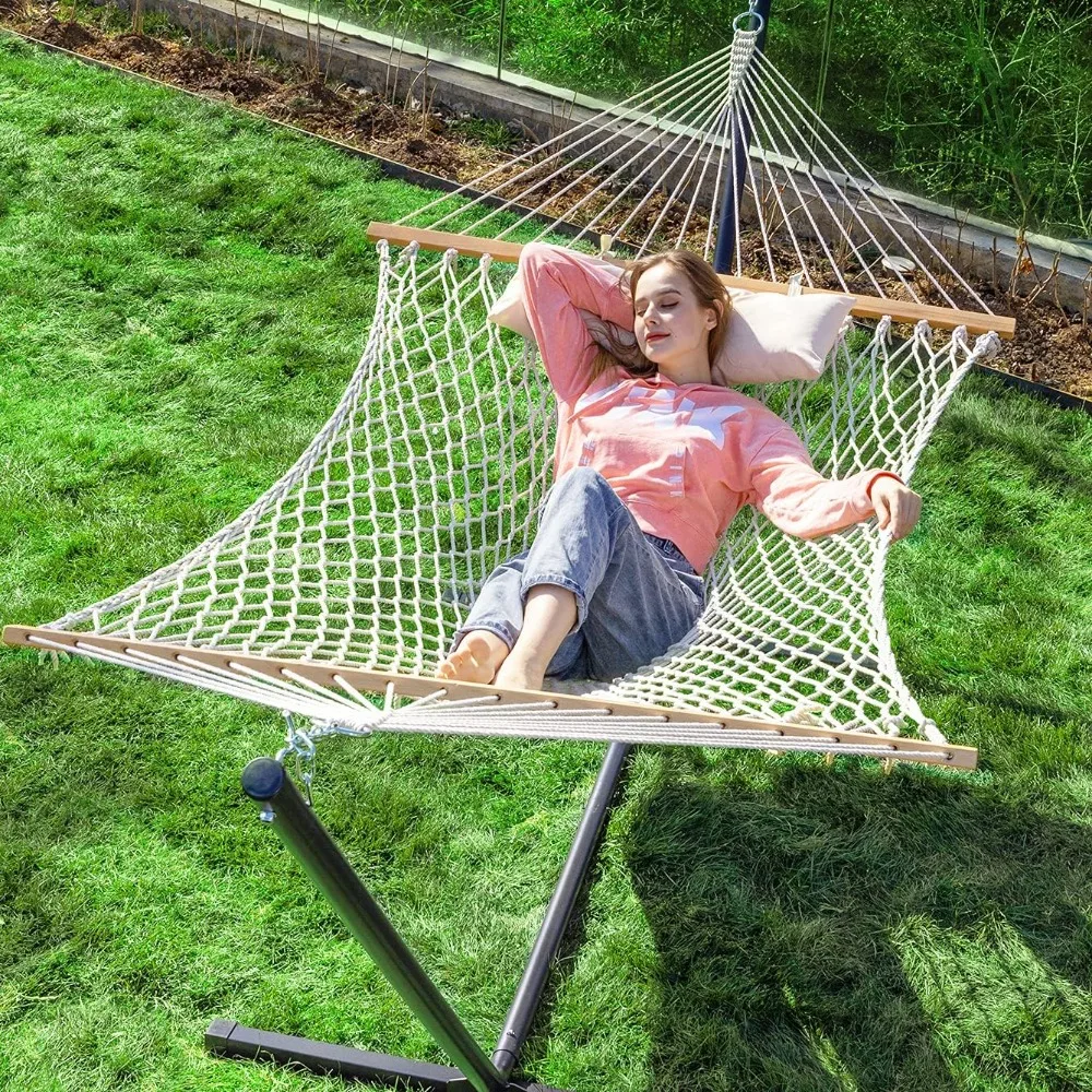 

Double Rope Hammock with Stand Included, 12ft Heavy Duty Stand, 2 Person Traditional Cotton Rope Hammocks with Pillow for Outsi