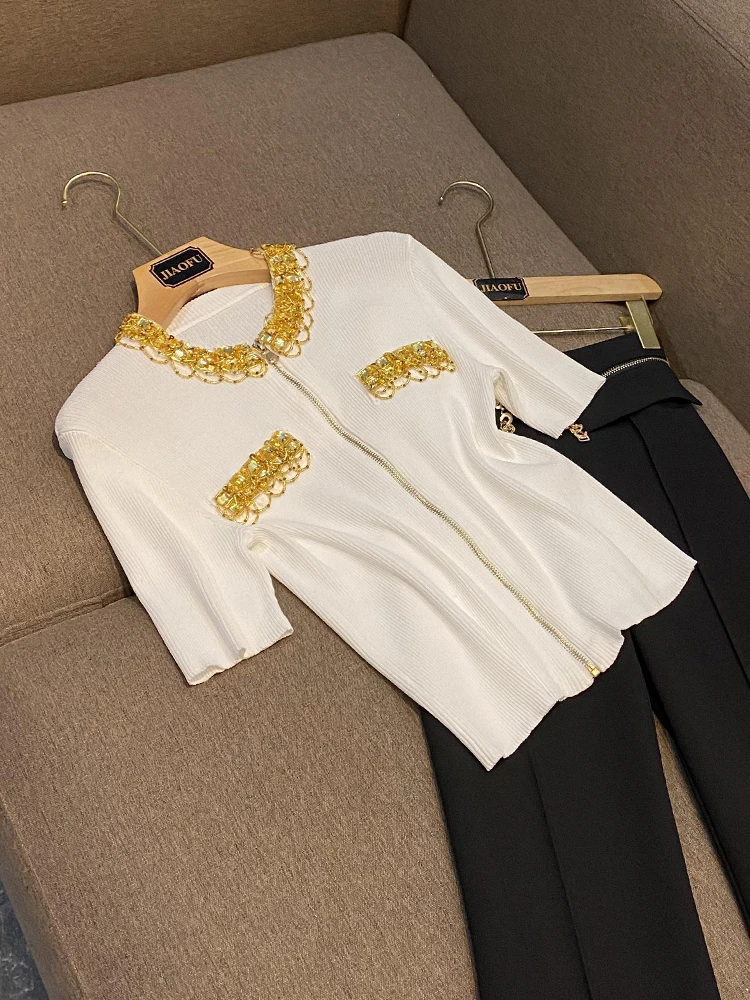 

Slim Fit ort Sve трикотаж на молнии с тяжелой ромбовидной вышивкой, крутая тонкая осенне-зимняя новая женская футболка