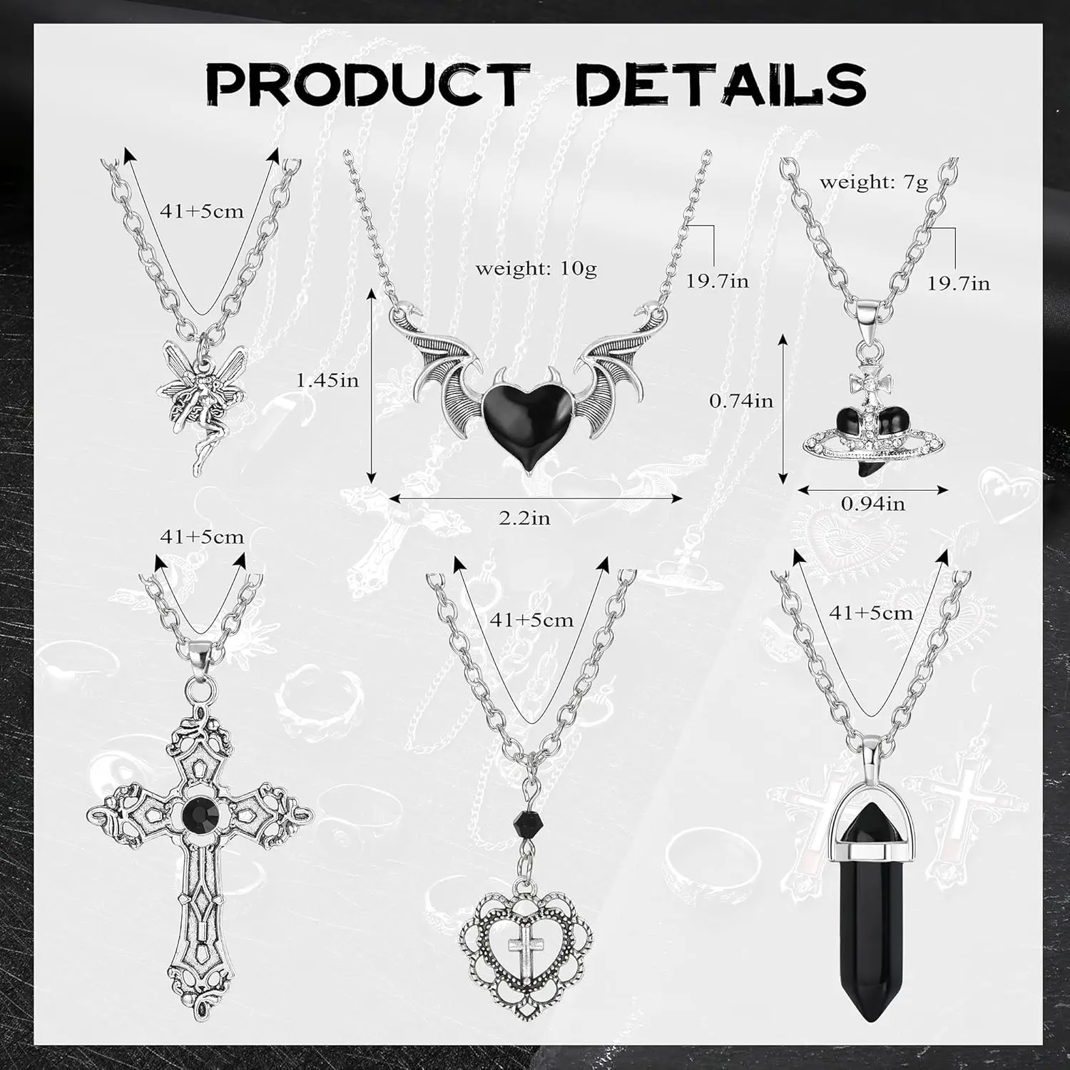 FASACCO Gothic Jewellery Set For Women Men Necklace Dangle Heart Earrings Vintage Ring Y2k Stackable Jewellery for Halloween view 6