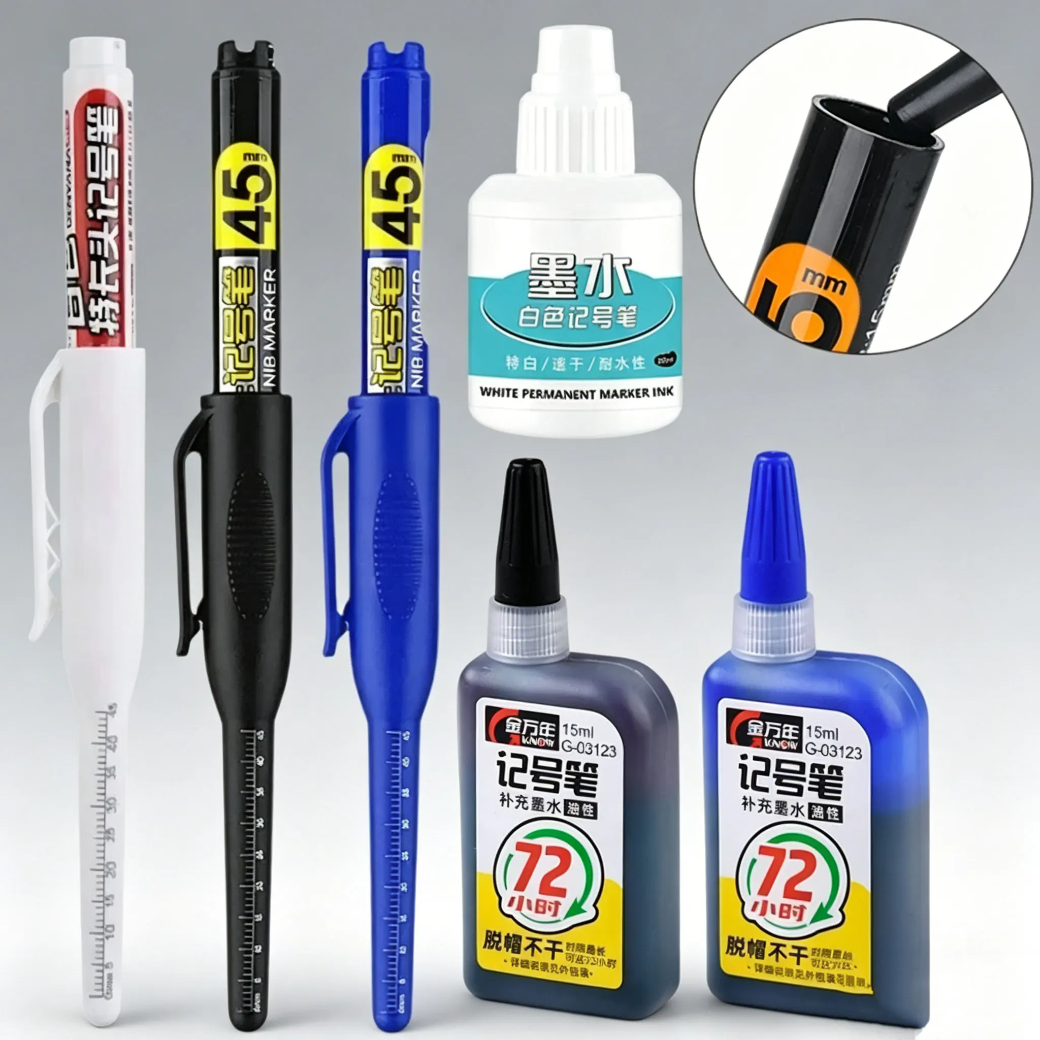 45mm Waterproof Deep Hole Marker Pen 45mm Long Nib Black Blue White Ink Multi-Purpose Carpenter Woodworking Marker Hand Tool