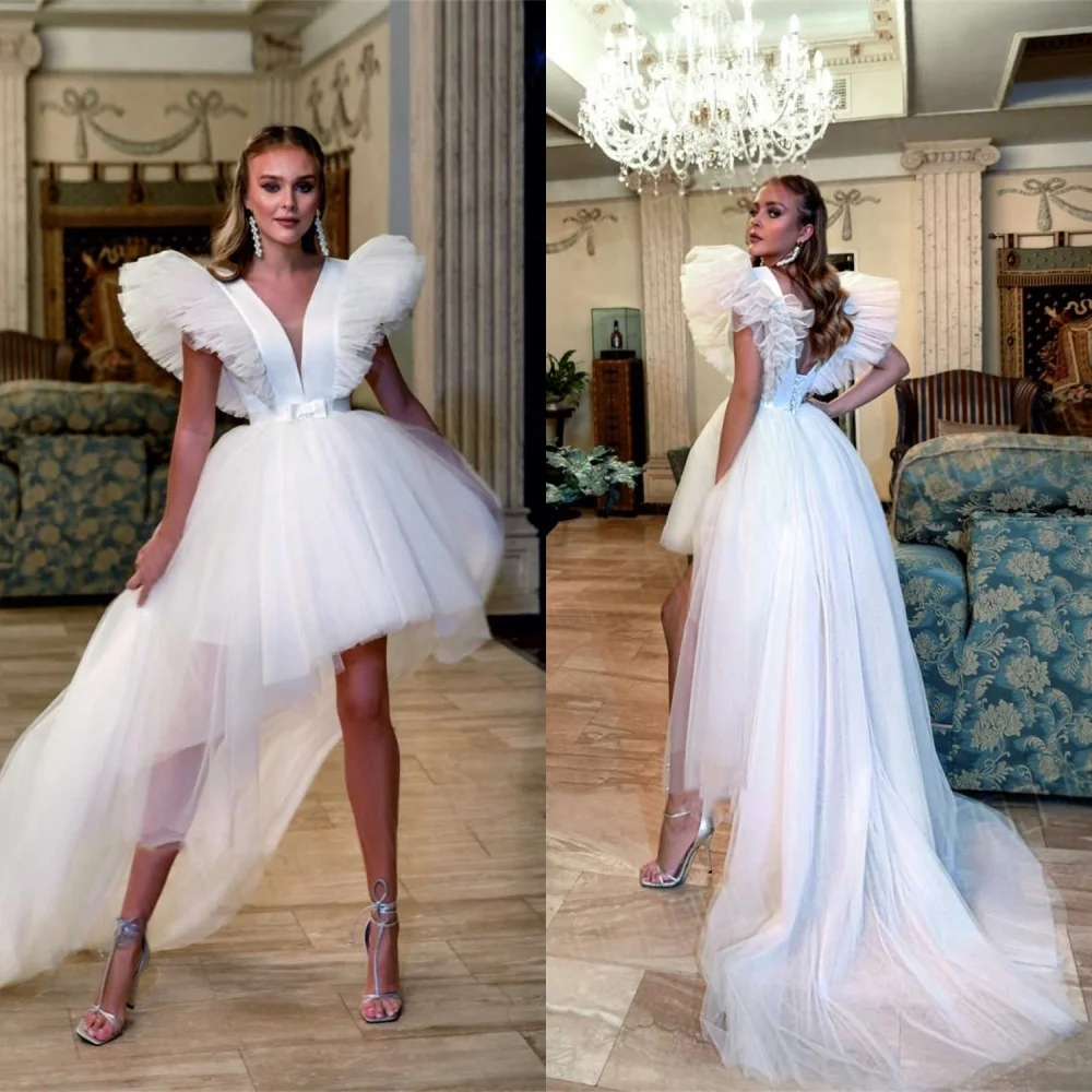 Customized Exquisite White Tulle Wedding Dress Delicate V-Neck Short Sleeves Bridal Gowns Modern Lace Up Back Bridal Party