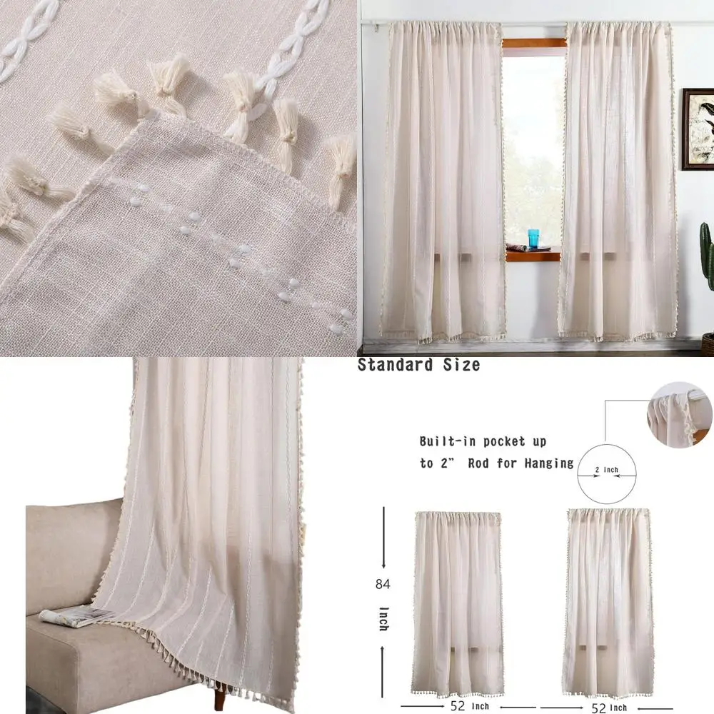 

Cotton Boho Beige Curtains, 96 Long for Modern Farmhouse Style, Striped with Tassels