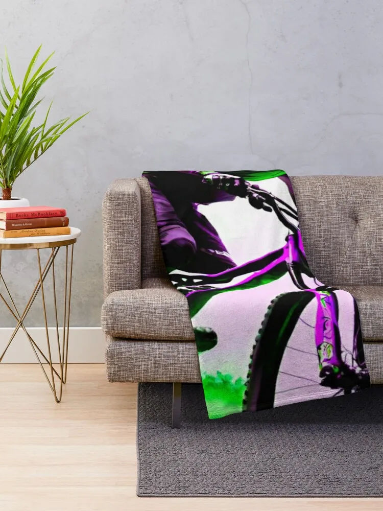 Thrill Seeker: MTB Rider in Purple and Green Downhill Dash Throw Blanket Hairy manga Soft Beds Decorative Sofa Blankets