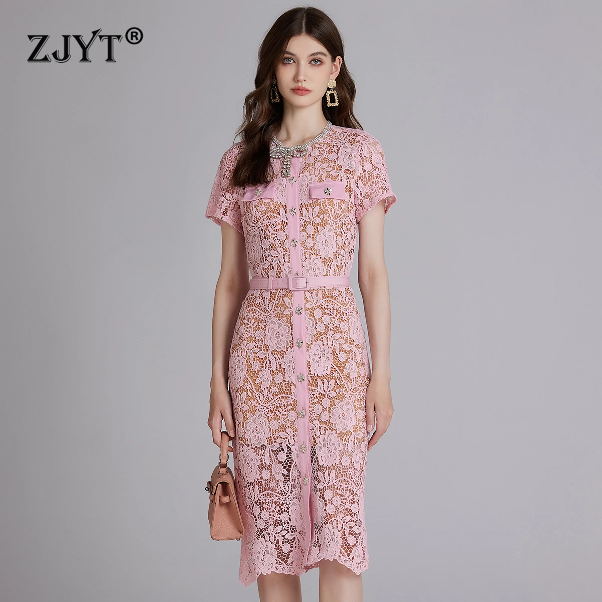 ZJYT Designer Runway Women's Beading Hollow Crochet Lace Dress White Pink Short Sleeve Elegant Party Dresses Female Clothing