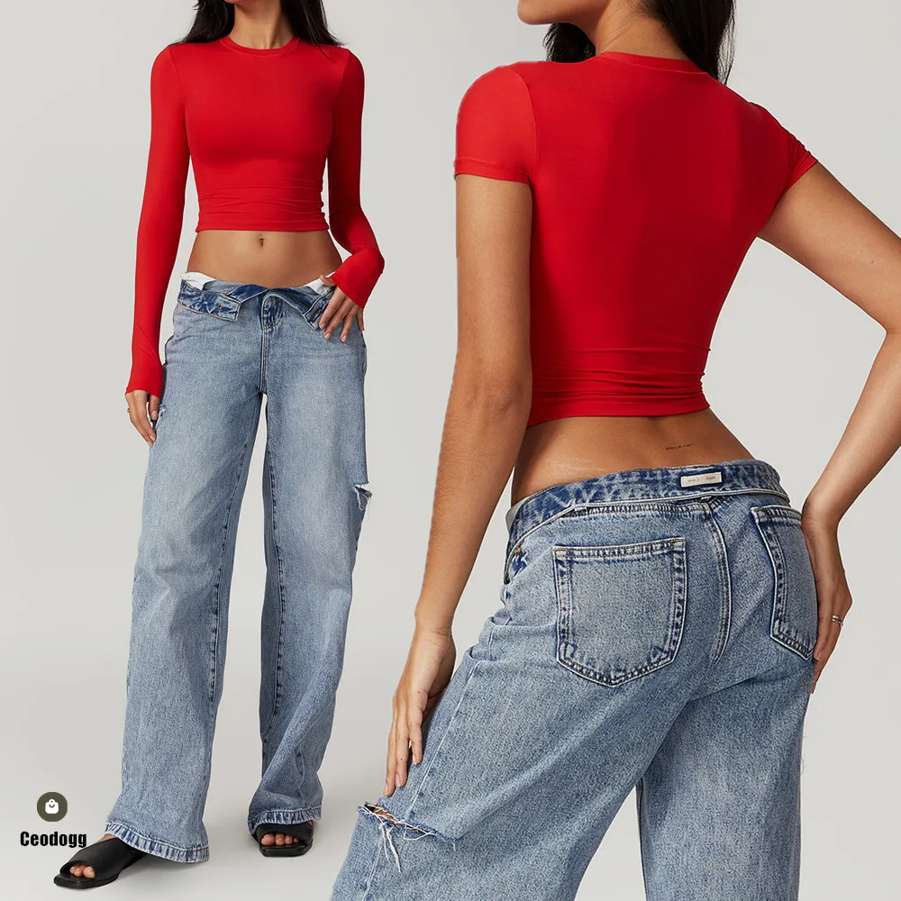 

Nude Women Yoga Shirts Athletic Long Sleeves Tee Short Sports Fitness Crop Top Push Up Gym Workout Active Wear Clothes XP201