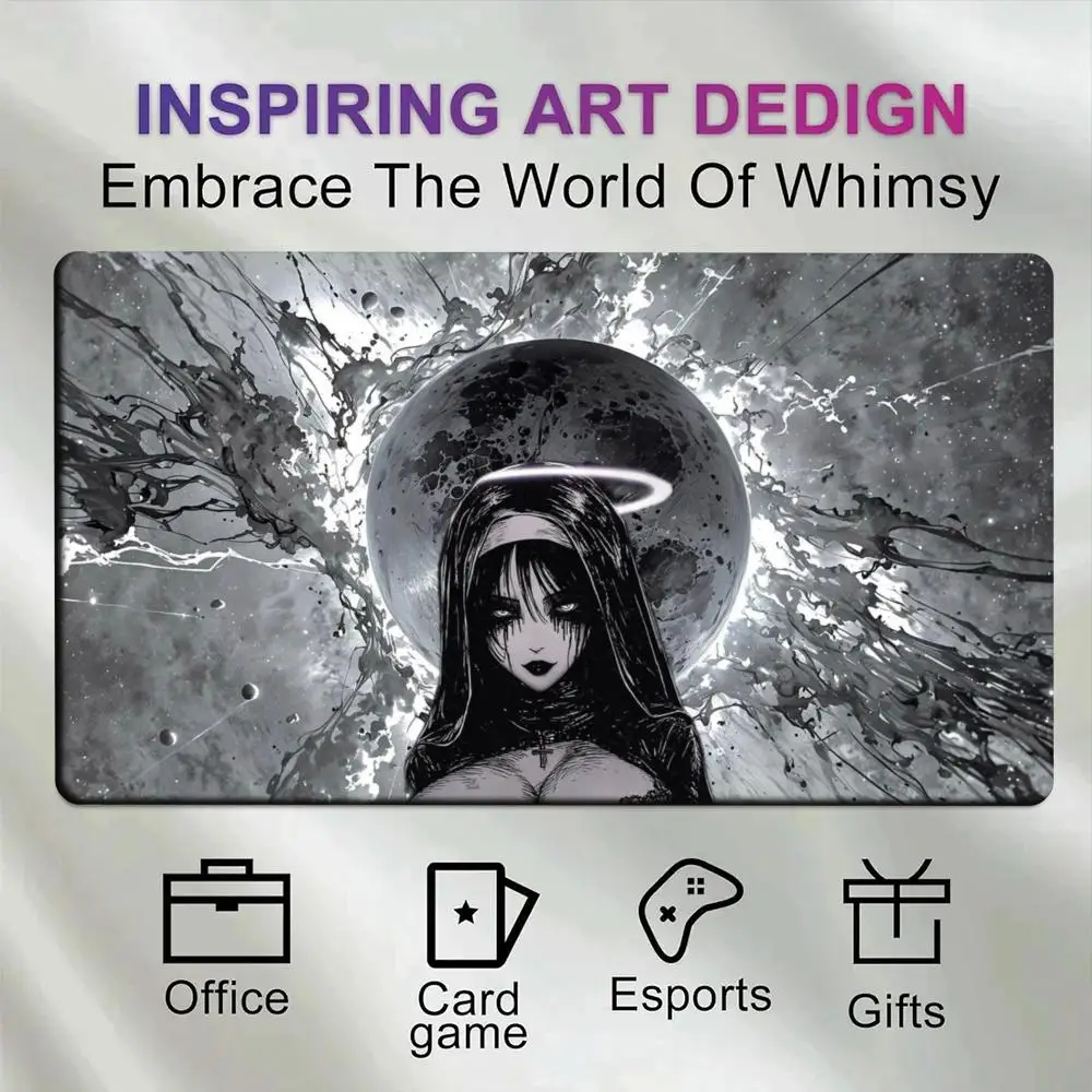 Dark Aesthetic Nun Large Desk Mat Planet Space Ink Splash Halo Monochrome Non-Slip Gaming Pad for Office Esports Card Game Gift