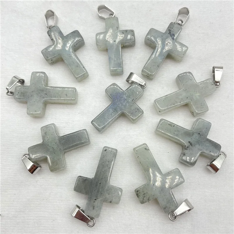 Natural Gem Stone Quartz Crystal Labradorite Cross Pendants For Diy Jewelry Making Accessories Men Women Necklace 12Pcs