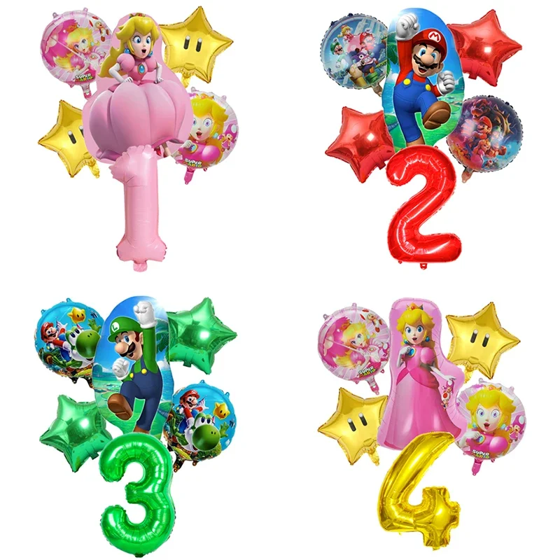 6 Stück Cartoon Super Mary Thema rot grün gelb Stern Folie Ball Set für Kinder Geburtstag