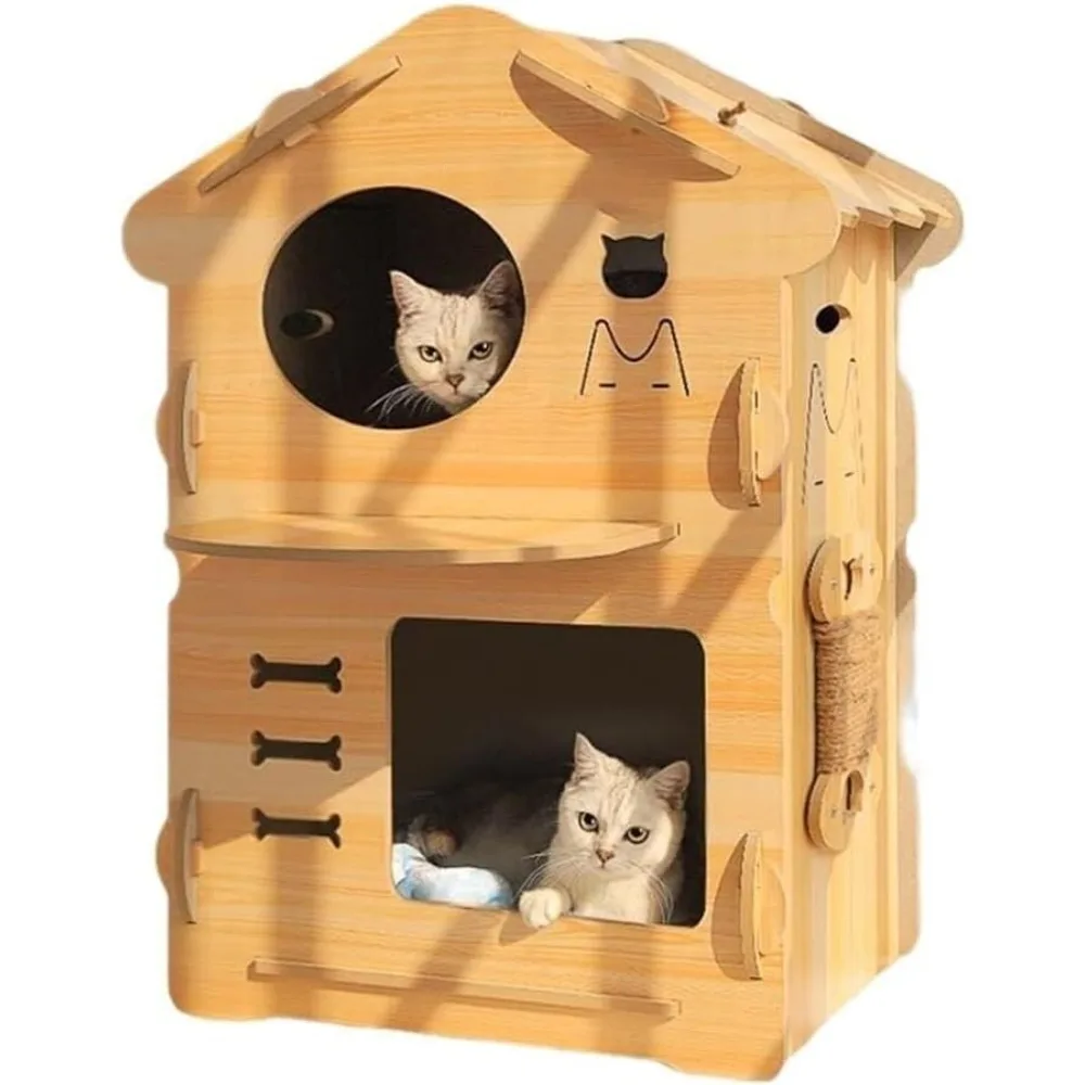 

Oversized Four Seasons Cat Villa with Scratching Board & Hanging Toy, Duplex Indoor Outdoor Pet House for 3 Cats