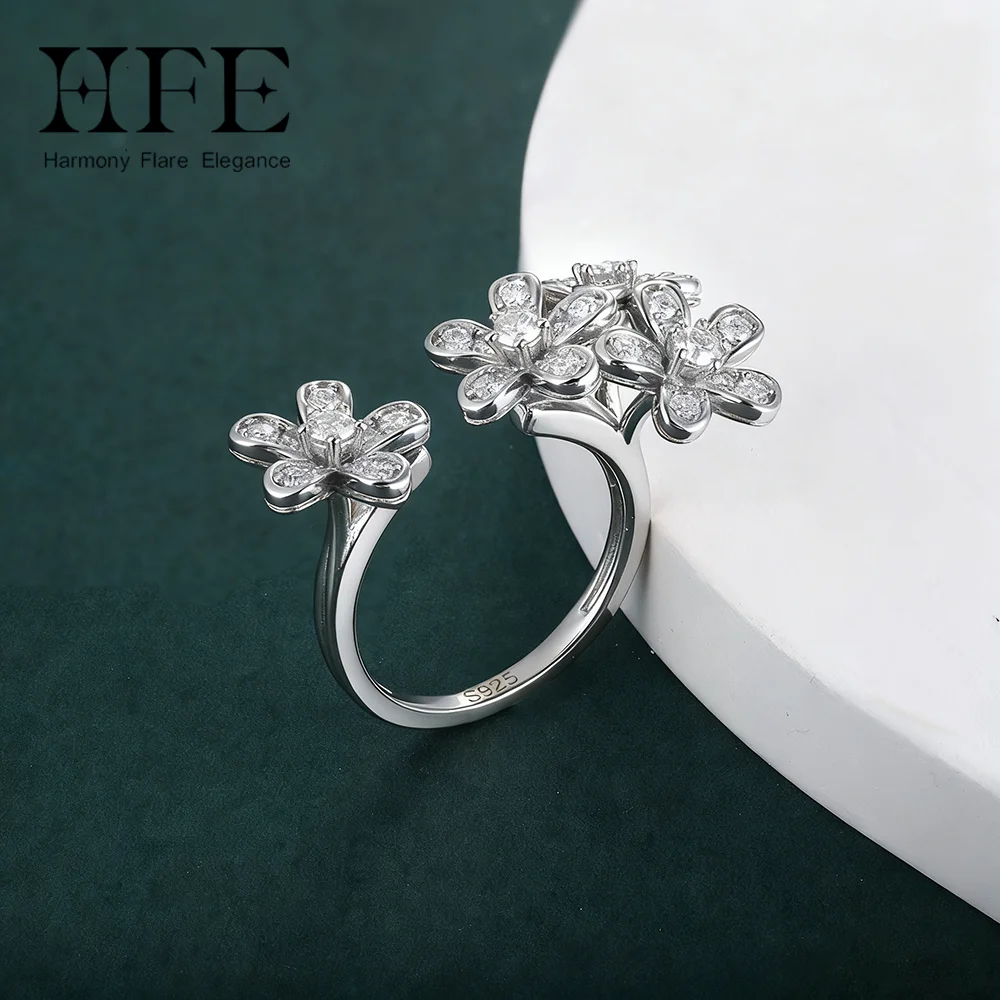 

HFE Flower Open Ring 925 Sterling Silver Sparkling D VVS1 Moissanite Ladies Gorgeous Wedding Accessories Party Elegant Jewelry