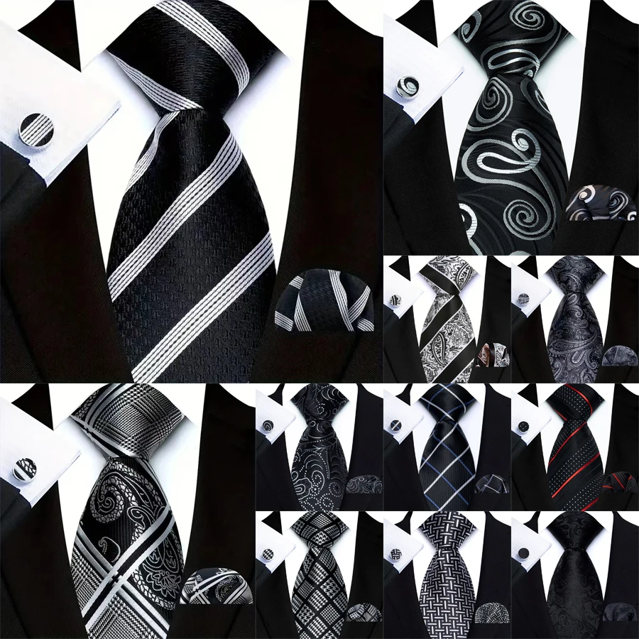 Luxus 3Pcs Schwarz Grau Farbe Herren Krawatte Taschentuch Manschettenknöpfe Set Jacquard 8CM Krawatte für Männliche Hochzeit Business party Geschenk