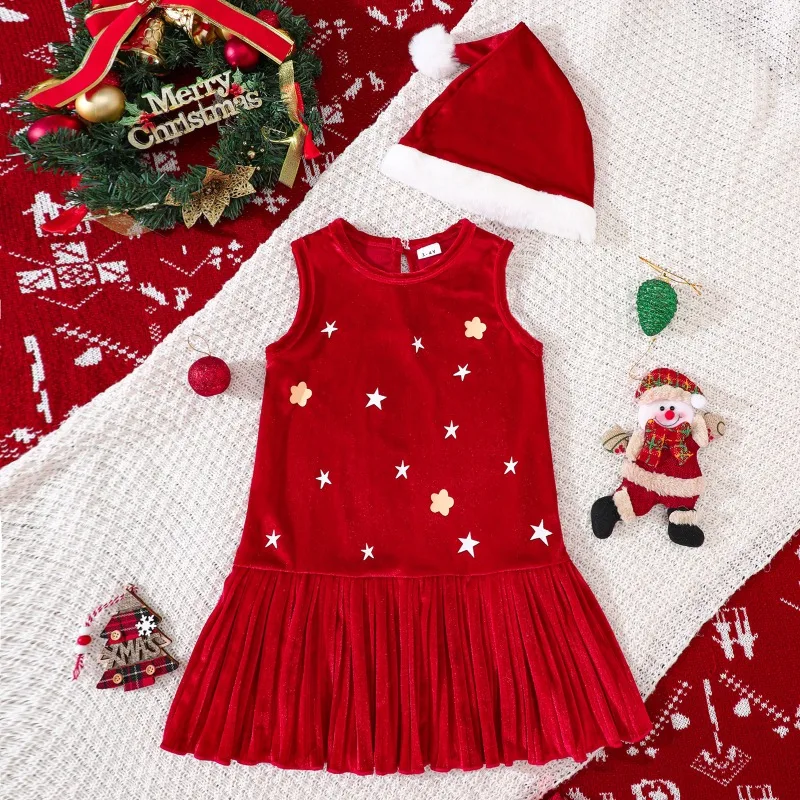 Newborn Toddler Baby Girls Christmas Dress Velvet Sleeveless With Star And Flower Print And Santa Hat 0 6Y