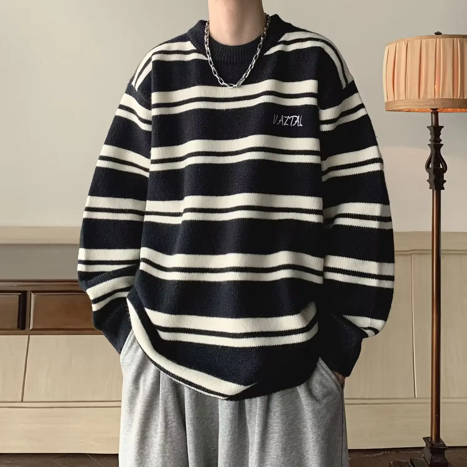 

Fall 2025 Men's Stripe Knit Sweater round Ne Color Blo American Lazy Sle Long Sve Polyester Fiber Casual Outerwear
