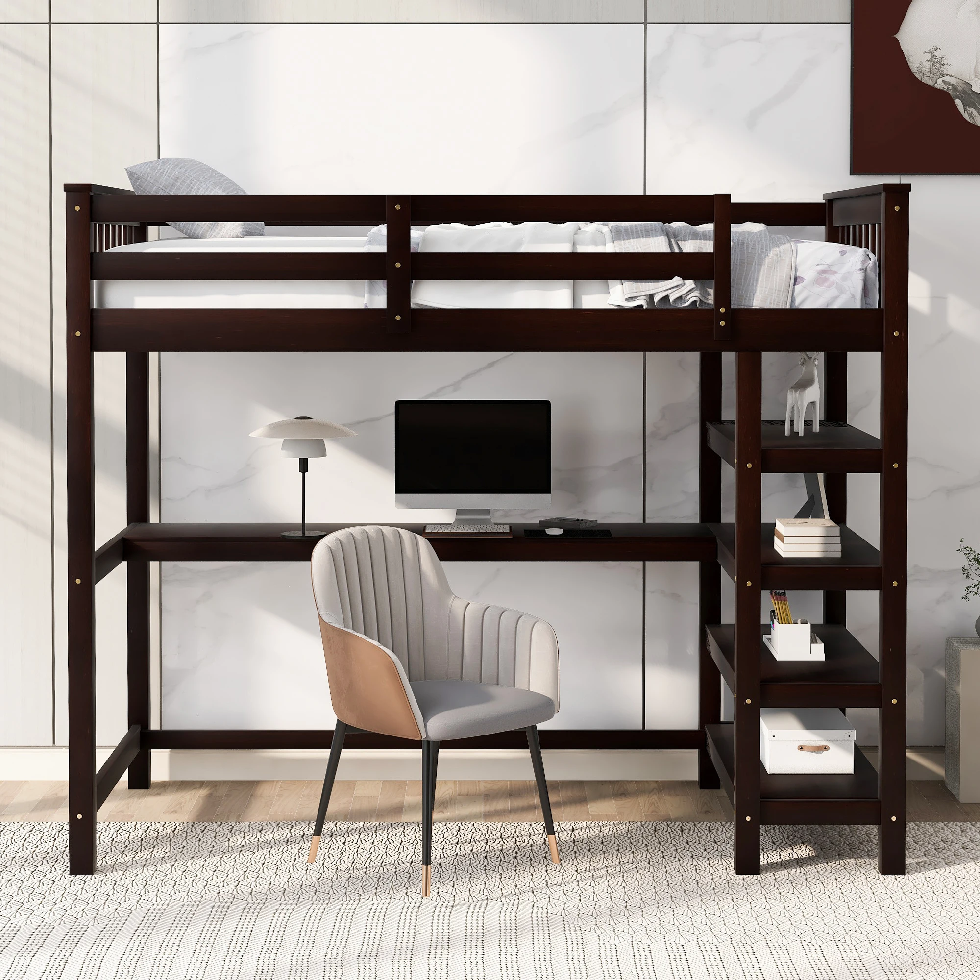 

Twin Size Loft Bed with Storage Shelves and Under-bed Desk, Espresso