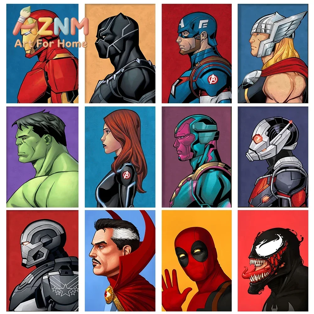 AZNM Avengers Superhero Side Profile Canvas Wall Art Frameless Poster Iron Man Thor Hulk Doctor Venom Print Boys Room Decor