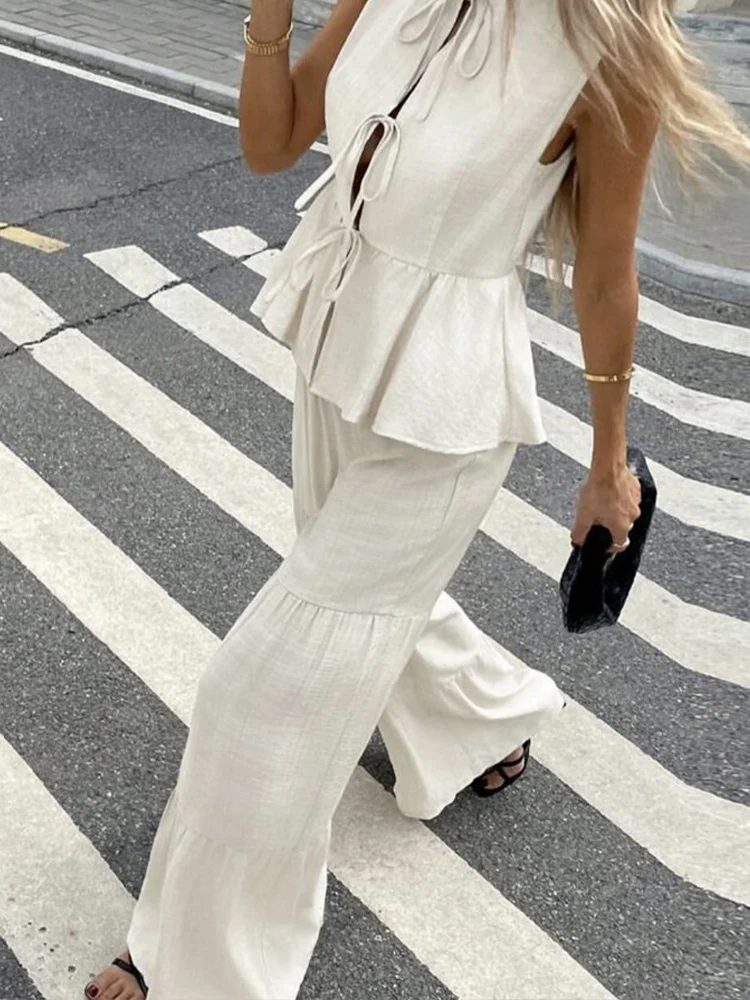 HH أنيقة المرأة الصلبة سترة السراويل مجموعات س الرقبة الدانتيل متابعة أكمام تانك القمم + فضفاض اللف متوهج بنطلون سيدة مكتب الدعاوى