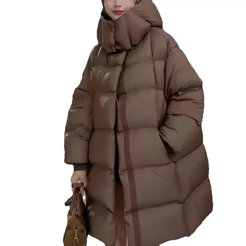 Coffee Colored Puffy Hooded Down Jacket, Korean Version Medium To Long Thick and Warm Loose Jacket, Women 2025 Winter New Style