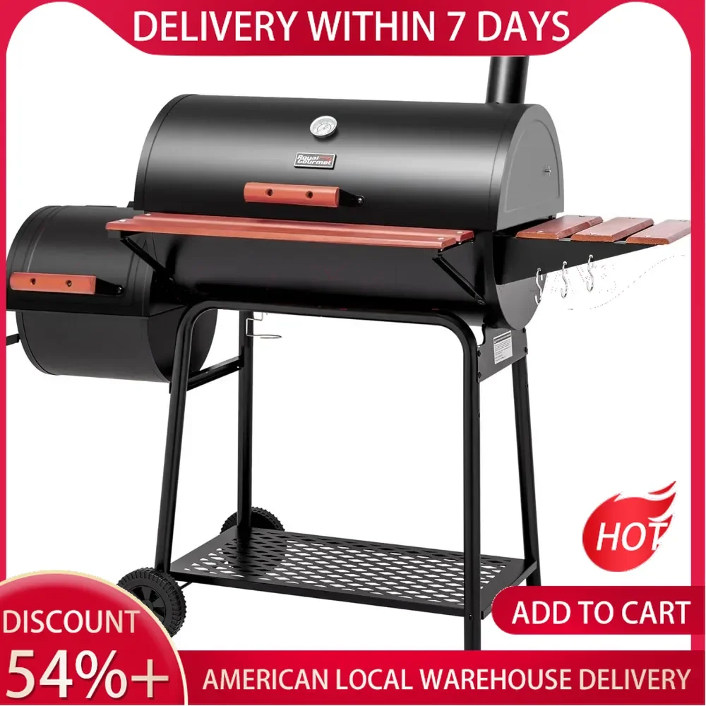 30-Inch Charcoal Grill with Offset Smoker and Wood-Painted Side Table,Outdoor Smoker Grill，Cooking Area for Barbecue Event，Black