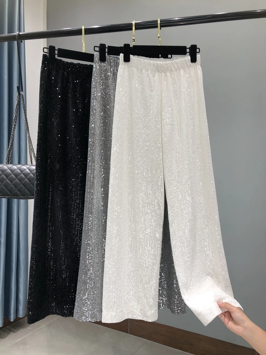 

2023 autumn and winter new Korean fleece white sequin wide-leg pants long leg draping mop pants slim straight leg pants