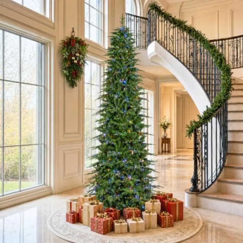 11ft Prelit Artificial Christmas Tree, Realistic Pencil Tree with 4,205 PE/PVC Tips, Radiant Slim Evergreen w/2,700