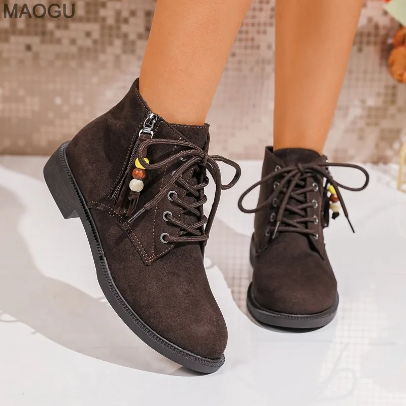 Suede Pu Low Heel Short Boots Autumn New Round Toe Front Lace-Up Side Zipper Soft Sole Anti-Slip Ankle Boots for Women Botines