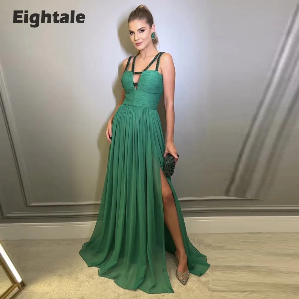 

Eightale Araic Prom Dresses Spaghetti Strap Beaded Pleats A-Line Party Gown Custom Made Green Backless Celebrity Graduation