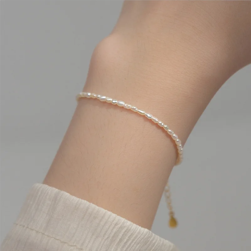 HENGSHENG Small Size 3-4mm Natural Freshwater White Pearls Rice Shape Bracelet Simple Trendy Style For Women Girls Jewelry Gifts