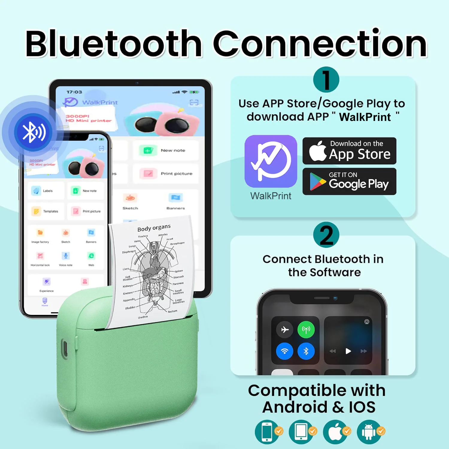 X6 Mini Thermal Printer with Wireless Bluetooth 1200mAh Ink-free Small Printer 203dpi Photo Printing Machine for Sticker Labels